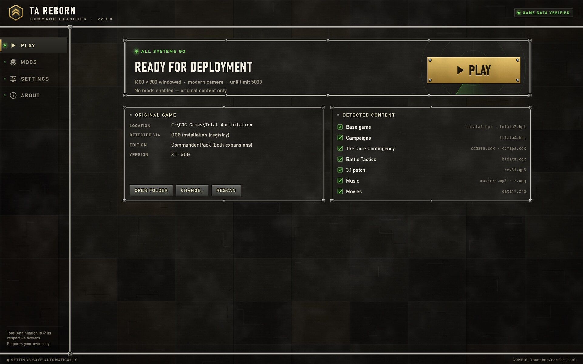 The launcher: the original game found, its content verified, ready for deployment
