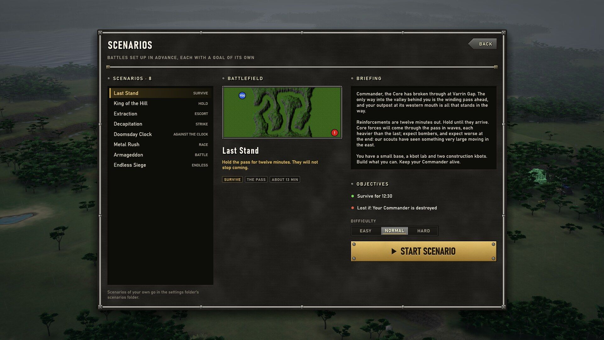 The scenarios page: Last Stand, King of the Hill and six more