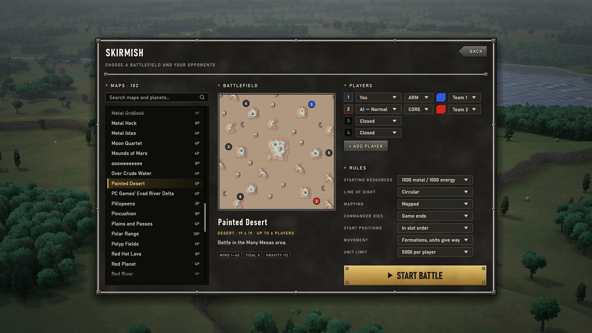 The skirmish page: maps, players, teams and rules